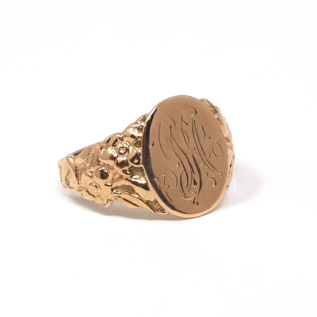 Edwardian Signet Ring - Antique 10k Rosy Yellow Gold Script