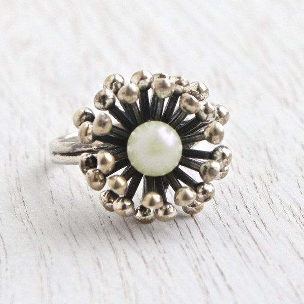 Vintage Sterling Silver Faux Pearl Flower Ring - Retro 1960s Signed Beau Adjustable Three Dimensional Jewelry / Floral Blossom