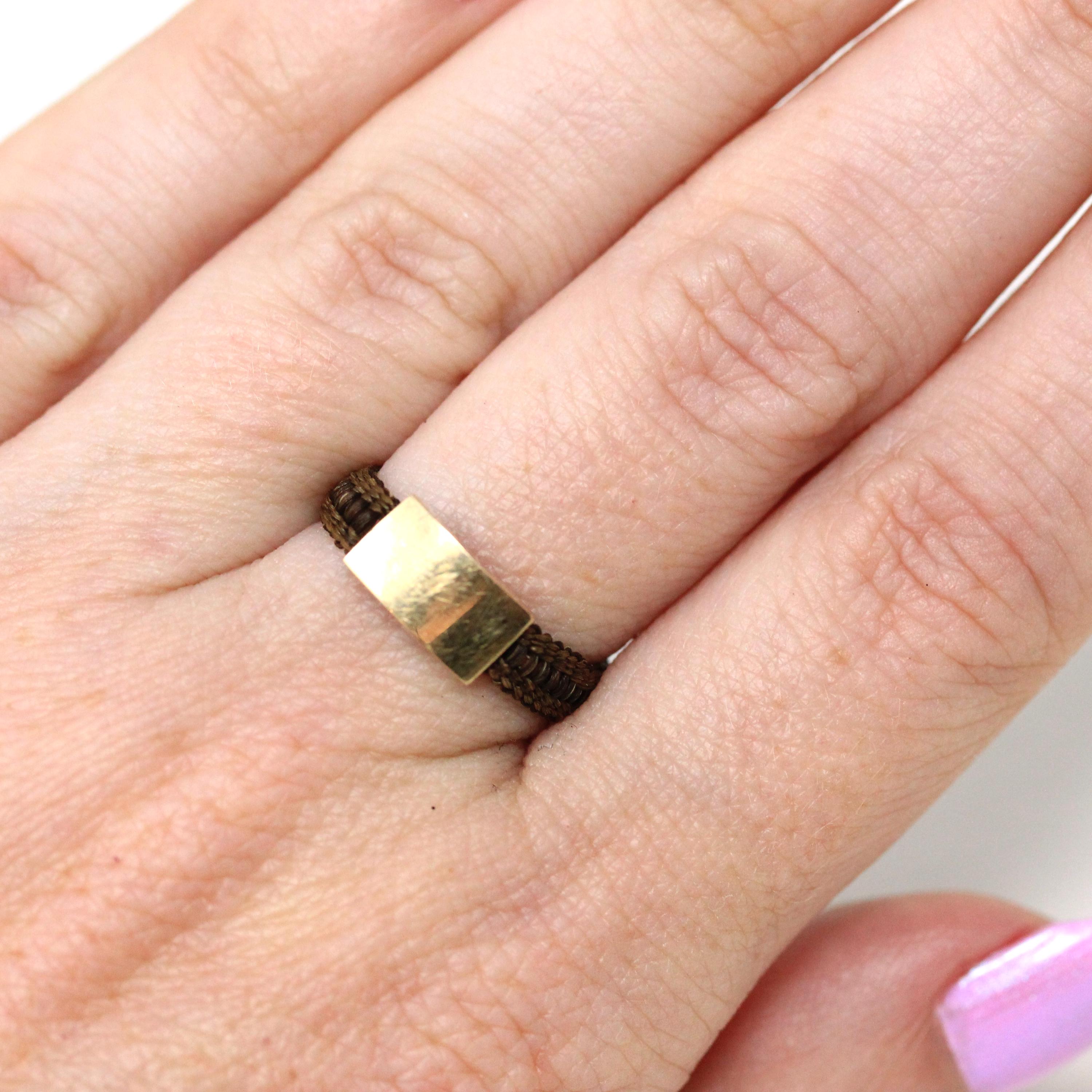 Victorian Hair Ring - Antique 10k Yellow Gold Woven Buckle Band