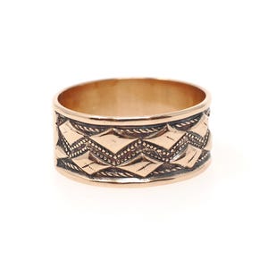 Antique Cigar Band - Edwardian 10k Rose Gold Rhombus Milgrain Designs Wide Ring - Circa 1900s Size 8 1/4 Unisex Fine Bridal Stacking Jewelry