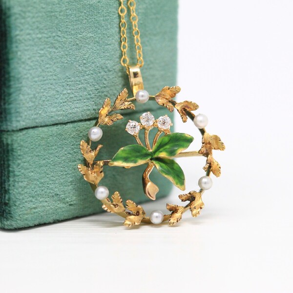 Sale - Antique Wreath Necklace - Edwardian 14k Yellow Gold Brooch Conversion Pendant Charm - 1910s Old European Diamonds Enamel Fine Jewelry