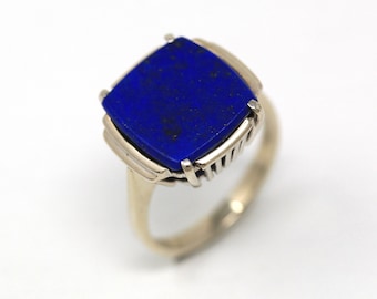 Anillo de lapislázuli natural - Oro blanco vintage de 14 k con corte elegante, gema azul plana y pirita, talla 6 1/4, década de 1970. Joyería fina.