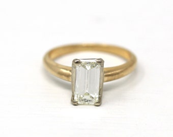 Diamond Engagement Ring - 14k Yellow & White Gold Genuine 1.05 CT Emerald Cut Gem - Circa 1990s Era Solitaire Style Fine GIA Report Jewelry