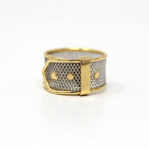 Belt Buckle Ring Estate Platinum 18k Yellow Gold Mesh Statement Band  Modern Circa 2000s Era Size 1/4 Made In Italy Unisex Y2K Jewelry