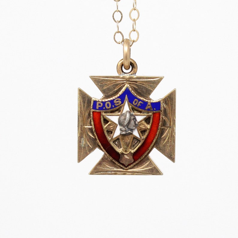 Sale Vintage Rosy Yellow Gold Filled Enamel Order of Sons of America Fob Dated 1910 Era POS of A Maltese Cross Antique Emblem Necklace