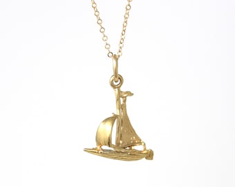 Sale - Vintage Sailboat Charm - Retro 14k Yellow Gold Figural Sailing Boat Pendant Necklace - Circa 1970s Era Nautical Sails Aquatic Jewelry