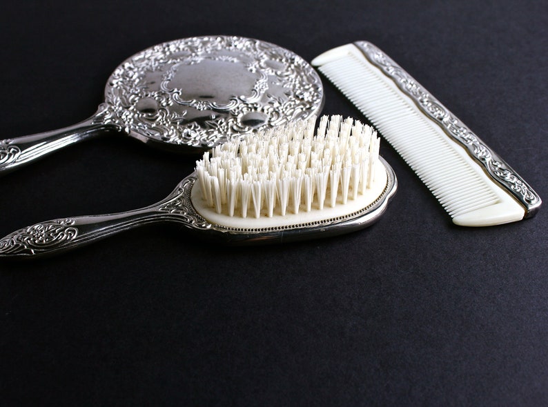 Vintage Vanity Set Silver Plated Hair Brush Hand Mirror & Etsy