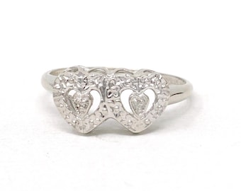Double Heart Ring - Mid Century 10k White Gold Sweetheart Promise Love - Vintage Circa 1950s Era Size 6 Natural Diamonds Fine Jewelry