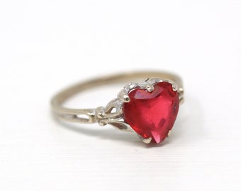 Vintage Heart Ring - Mid Century 10k White Gold Heart Cut Simulated Ruby - Circa 1950s Era Size 5 1/2 Love Red Glass Fine BDA 50s Jewelry