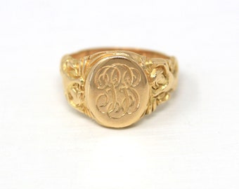 PB Signet Ring - Rare Mermaid Motif Edwardian 14k Yellow Gold Engraved Old English Band - Antique Early 1900s Size 4.5 Fine Jewelry