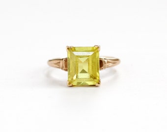 Sale - Vintage 10k Rose Gold Created Yellow Sapphire Ring - Art Deco 1930s 1940s Size 7 Emerald Cut Lab Created Stone Fine Jewelry