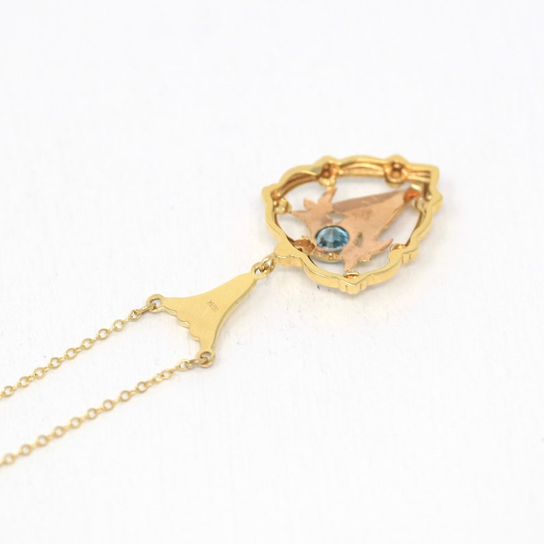 Vintage Zircon Necklace 1940s Era Genuine .70 CT Blue Gem Fine Rose Jewelry Sale Retro 10k Yellow Gold Heart Floral Gemstone Pendant