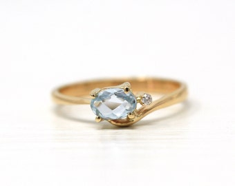 Aquamarin & Diamant Ring - Nachlass 14k Gelbgold echt Oval Facettierter Edelstein .34 ct - Vintage Circa 1990er Jahre Größe 5,5 Old Stock Fine Jewelry
