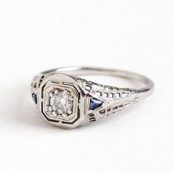 Sale - Diamond Filigree Ring - Vintage Art Deco 1920s Size 7.5 18k White Gold 1/5 CT Diamond - Created Sapphire Engagement Fine Blue Jewelry