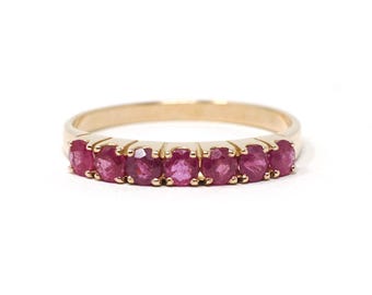 Modern Ruby Band - Estate 14k Yellow Gold Round Faceted Gems Stacking Ring - Vintage Circa 1990's Era Size 7 3/4 July Birthstone Jewelry