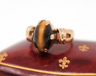 Sale - Tiger's Eye Ring - Victorian 14k Rose Gold Oval Cabochon Cut Gemstone - Antique Circa 1890's Size 6 3/4 Statement Fine Unisex Jewelry