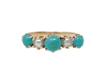 Turquoise & Pearl Ring - Edwardian 14k Yellow Gold Natural Blue Cultured White Gems - Antique Circa 1900s Era Dainty Size 3 3/4 Fine Jewelry