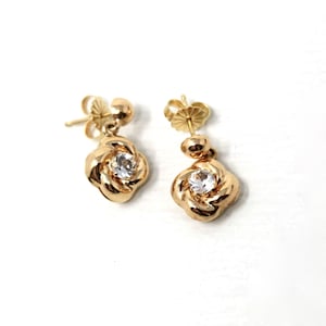 Love Knot Earrings - Modern Era 14k Yellow Gold Drop Studs Created Spinel Gems - Vintage 1990s Pierced Unity Infinity Triad Post Jewelry