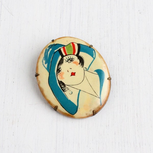 Antique 1920s Flapper Lady Brooch - Vintage Art Deco Brass Transfer Plastic Costume Jewelry Pin / Woman in a Large Hat