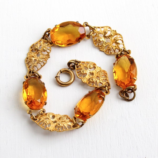 Antique Citrine Orange Glass Stone Filigree Bracelet - Vintage 1930s Gold Tone on Brass Art Deco Link Panel Jewelry