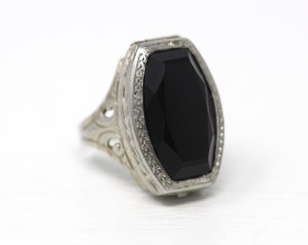 Sale - Art Deco Ring - Vintage 14k White Gold Fancy Cut Black Onyx Gemstone - Circa 1930s Size 4 1/2 Watch Conversion Filigree Fine Jewelry