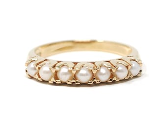 Zuchtperlen Band - Vintage 10k Gelbgold Natürlicher Edelstein Ring - Modern Zirka 1990er Jahre Größe 56 1/2 Juni Geburtsstein Feiner Schmuck