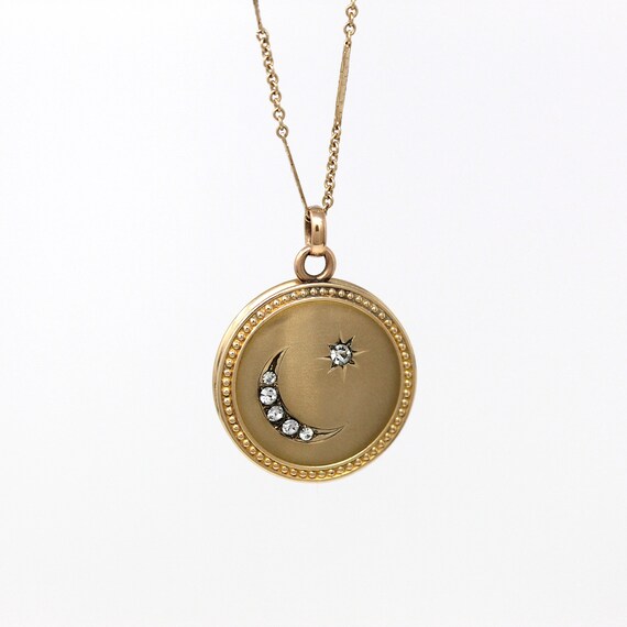 Star & Moon Locket - Antique Gold Filled Rhinesto… - image 3