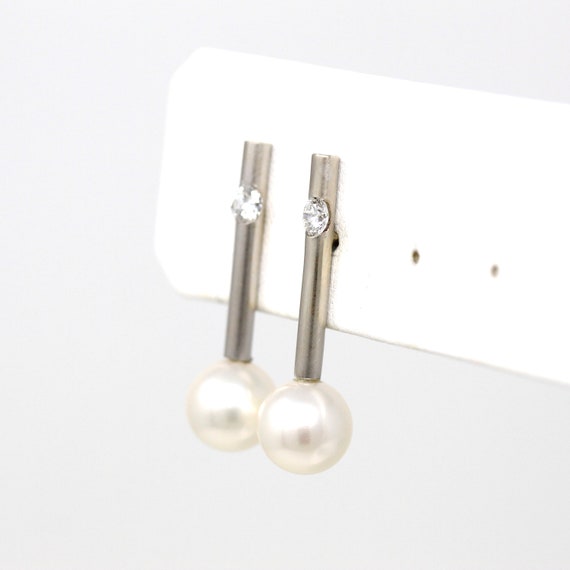 Cultured Pearl Earrings - Estate 18k White Gold D… - image 5