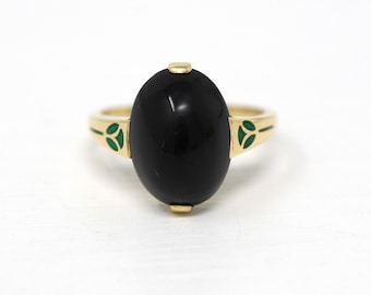 Genuine Onyx Ring - Antique 14k Yellow Gold Black Oval Cabochon Cut Gemstone - Vintage Circa 1910s Era Size 6 1/2 Green Enamel Fine Jewelry