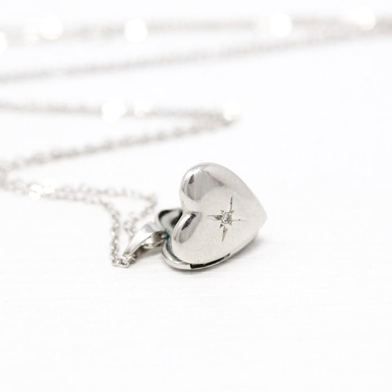 Diamond Heart Locket - Retro 14k White Gold Star I