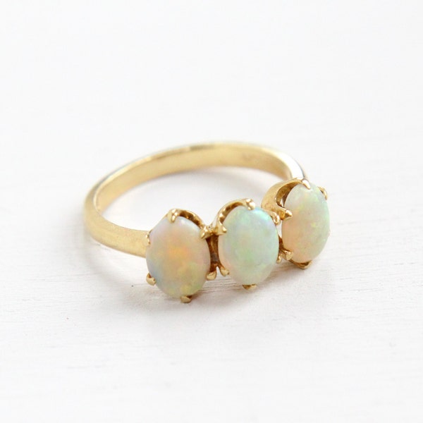 RESERVED for Jess - Antique 14K Rosy Yellow Gold Triple Opal Ring- Vintage Size 6 1/2 Early 1900s Art Deco Prong Set Gemstone Fine Jewelry