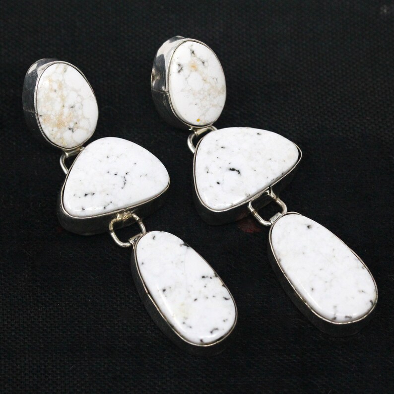 Retro Estate Pierced Dangle Drop Native American Jewelry Sterling Silver Earrings Etsitty Southwesten White Gemstone Statement Signed E