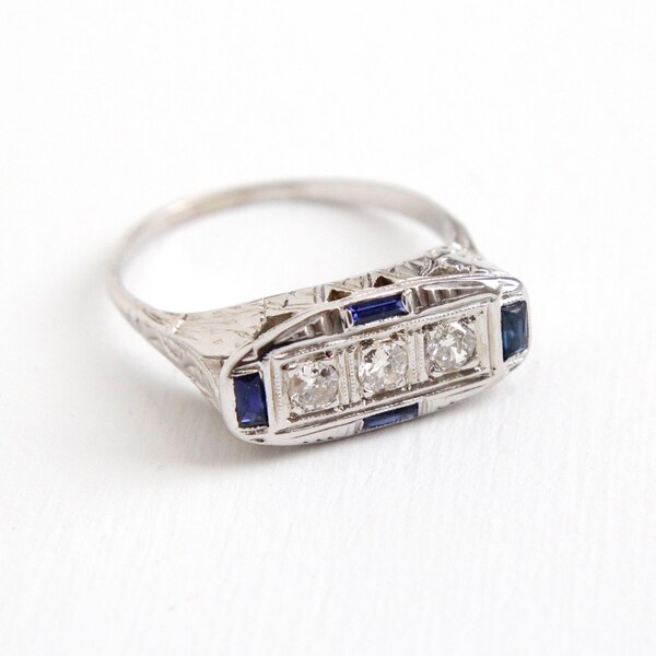 Antique 18k White Gold Three Diamond & Sapphire Ring - Vintage Art Deco 1920s Size 7 3/4 Engagement Fine Filigree Blue Gem Jewelry