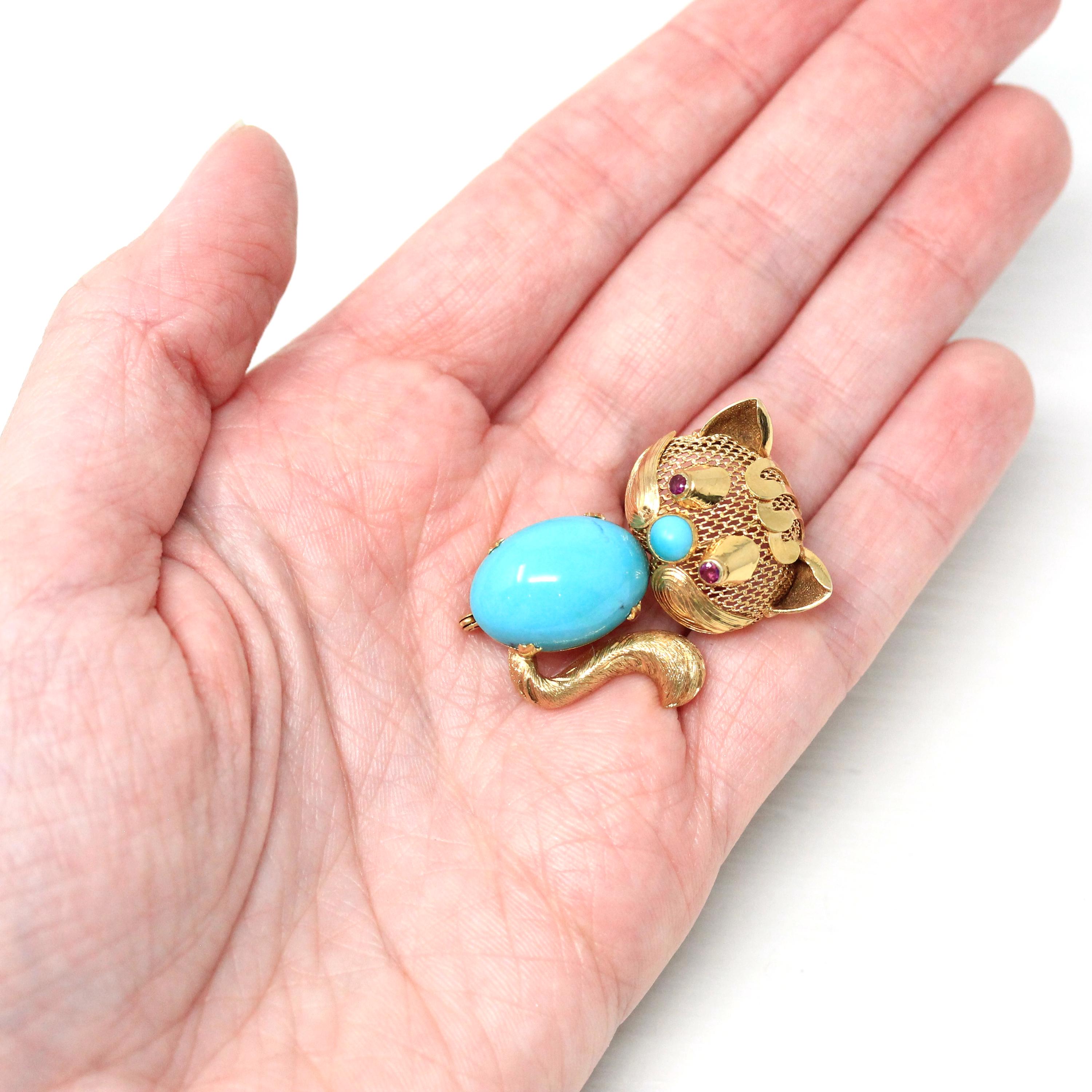 Vintage Cat Brooch - Retro 14k Yellow Gold Handmade Created