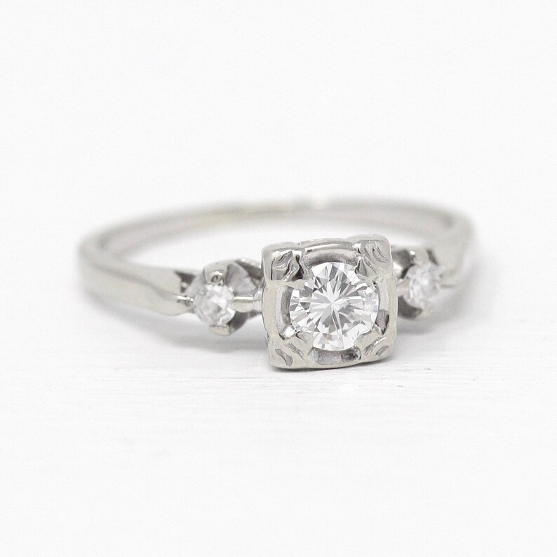 Sale Vintage Engagement Ring Retro 14k White Gold Genuine Etsy