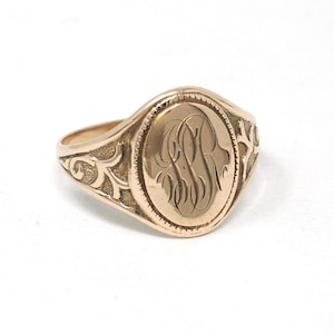 Edwardian Signet Ring - Antique 10k Yellow Gold JPR Engraved Script Monogram Initials - Art Nouveau 1910s Era Size 9 Fine Vines Jewelry