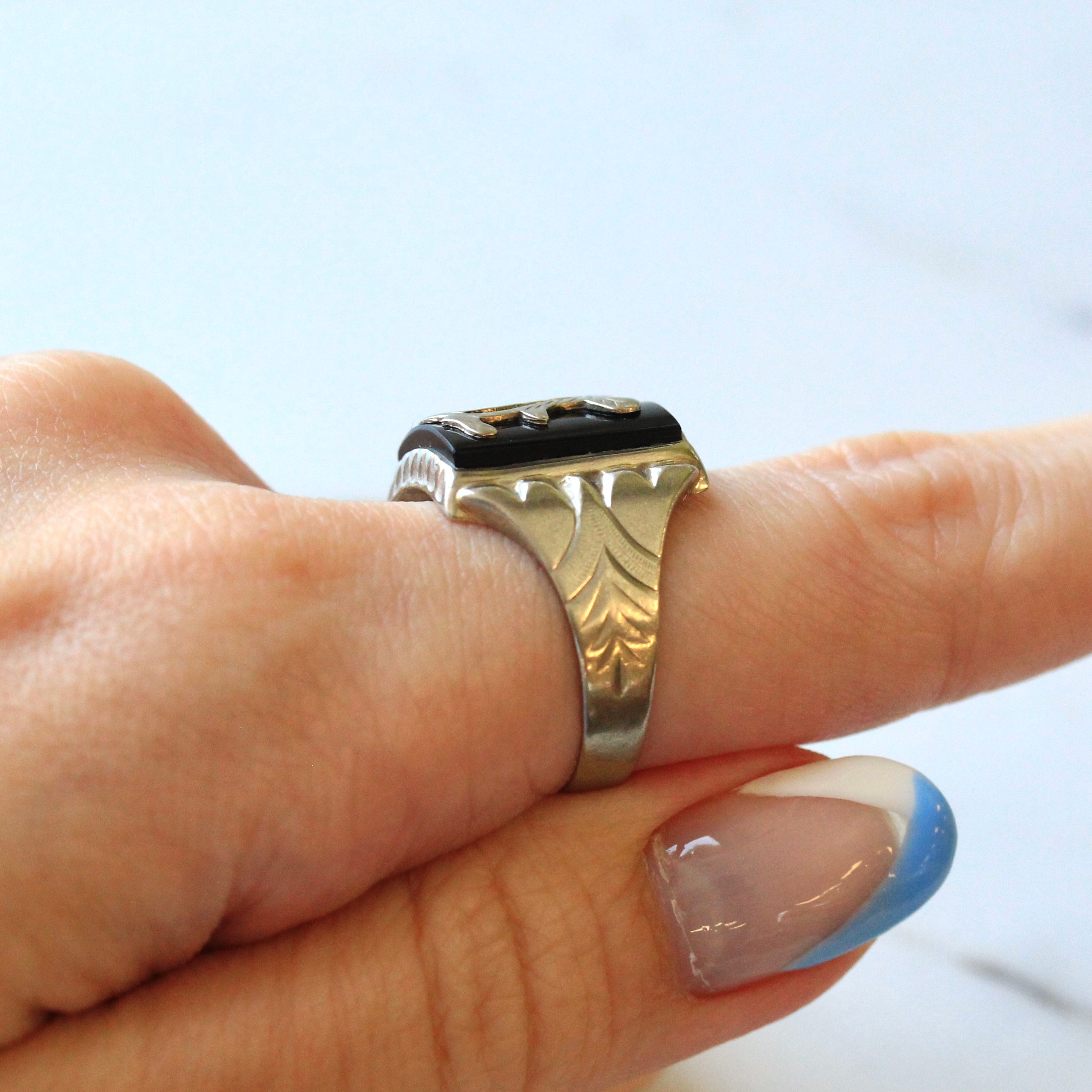 Letter J Ring Art Deco Era 10k White Gold Etsy
