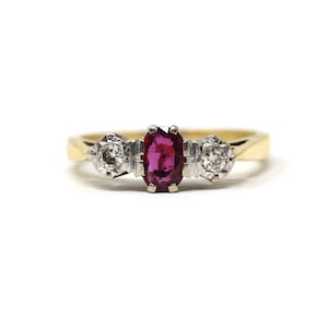 Vintage Ruby & Diamond Ring - Retro 18k Yellow White Gold Three Gemstone Engagement - Circa 1970s Size 7 1/4 Two Tone English Fine Jewelry