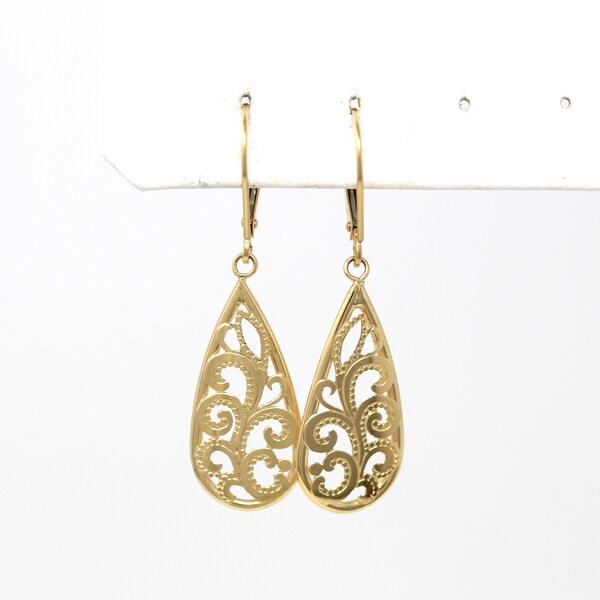 Modern Statement Earrings - Estate 14k Yellow Gold Teardrop Paisley Style Design Lever Back  - Circa 2000's Era Dangle Drop Fine JCM Jewelry