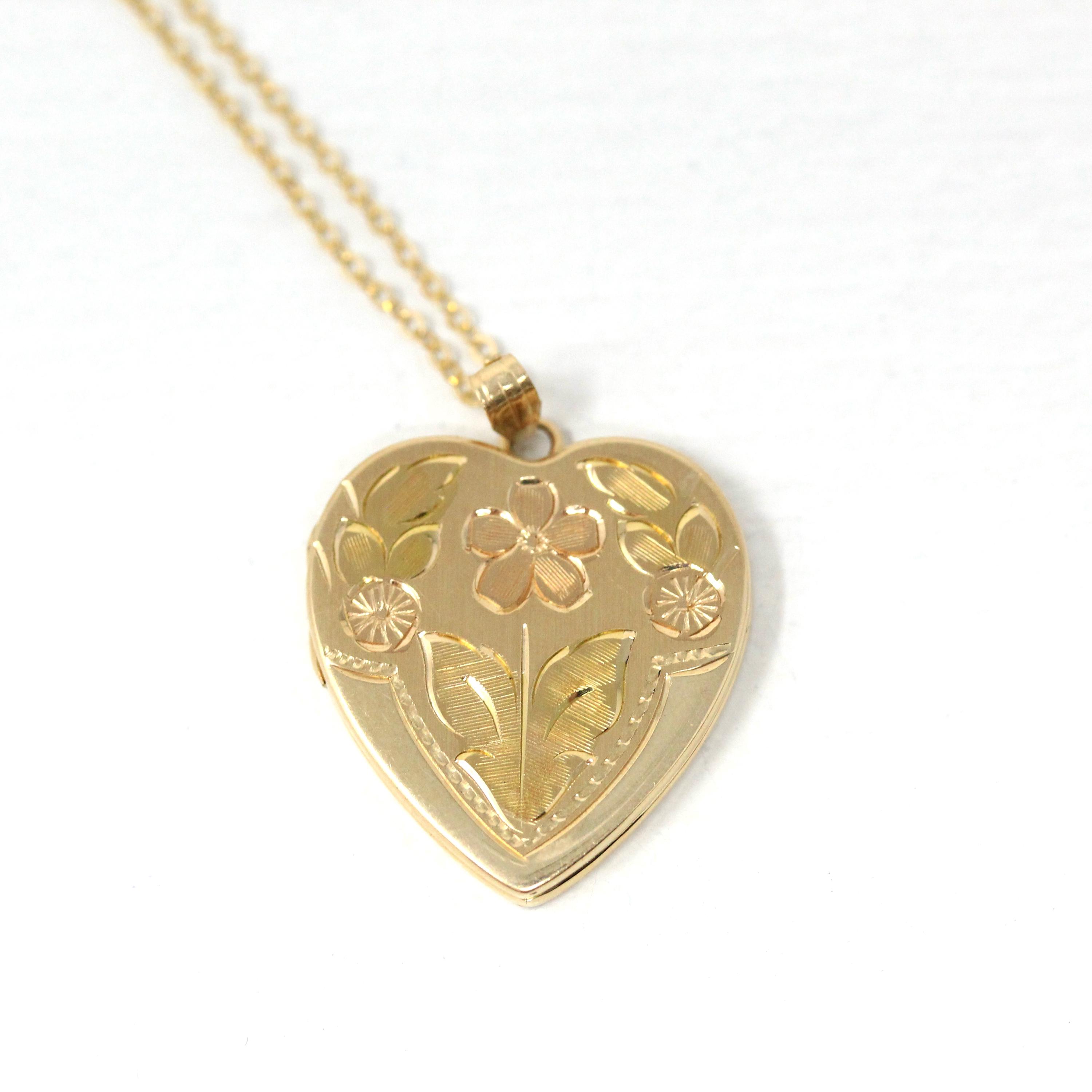 Floral Heart Locket - Modern 14k Yellow Gold Necklace Pendant Charm - Vintage Green & Rose Gold Detailed Photo Memory Keepsake Fine Jewelry