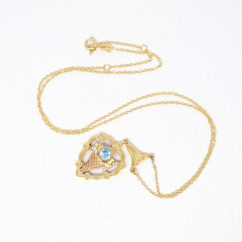 Vintage Zircon Necklace 1940s Era Genuine .70 CT Blue Gem Fine Rose Jewelry Sale Retro 10k Yellow Gold Heart Floral Gemstone Pendant