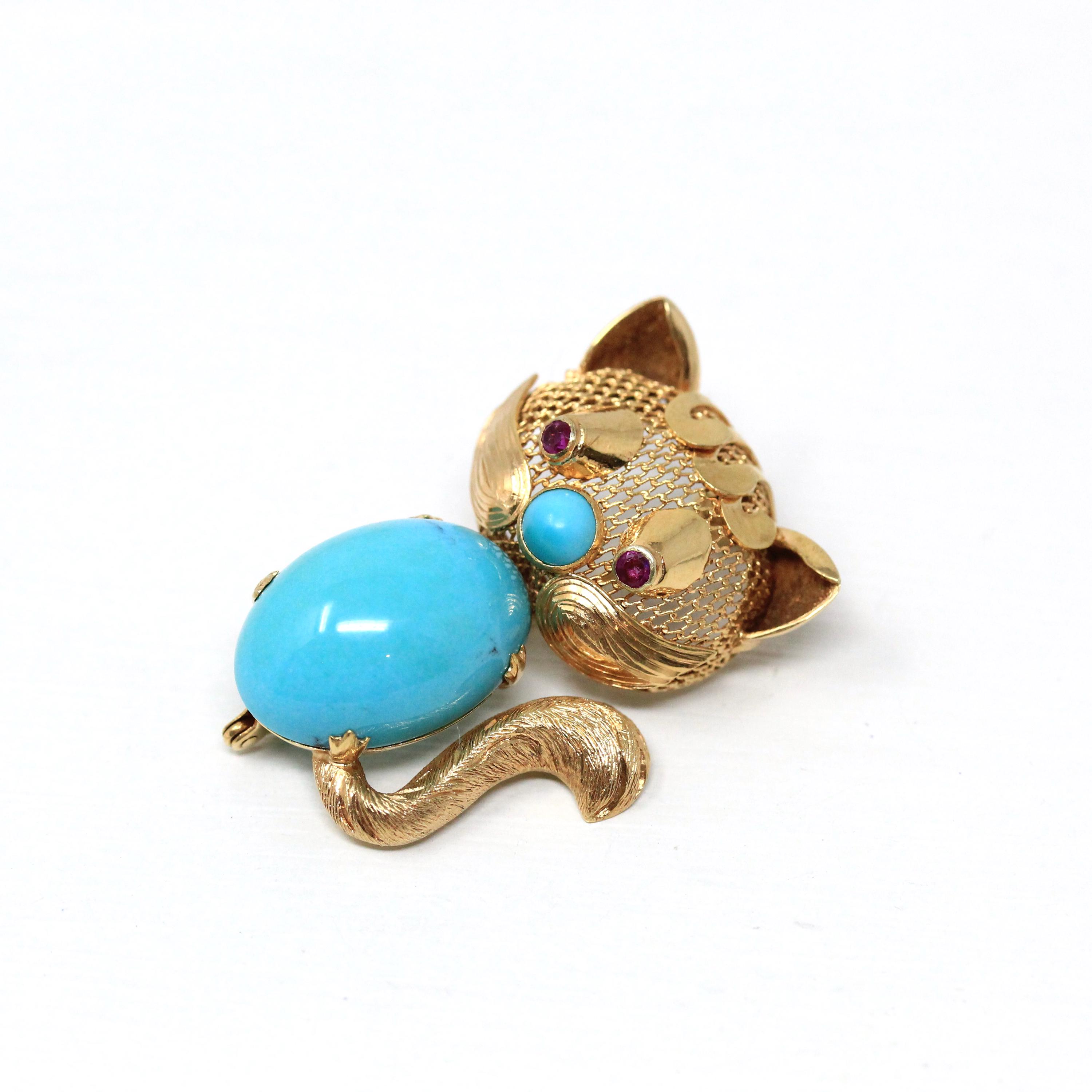 Vintage Cat Brooch Retro 14k Yellow Gold Handmade Created