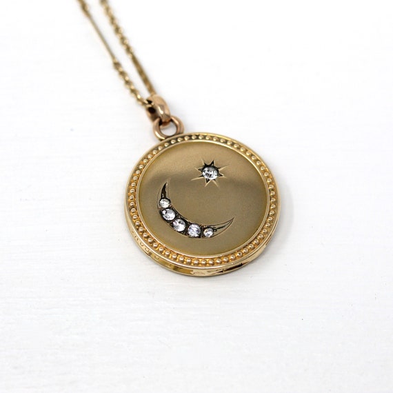 Star & Moon Locket - Antique Gold Filled Rhinesto… - image 5