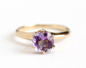 Sale - Vintage Amethyst Ring - 14k Rosy Yellow Gold Edwardian Solitaire - Size 5 1/2 Early 1900s Round 1.30 CT Purple Gemstone Fine Jewelry