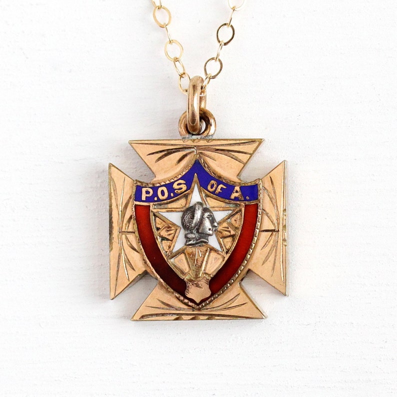Sale Vintage Rosy Yellow Gold Filled Enamel Order of Sons of America Fob Dated 1910 Era POS of A Maltese Cross Antique Emblem Necklace