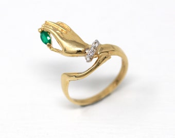 Estate Hand Ring - Modern 14k Yellow Gold Victorian Style Holding Simulated Emerald - Circa 2000s Era Size 7 Fine Symbolic Figural Jewelry