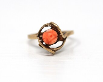 Sale - Genuine Coral Ring - Retro 10k Yellow Gold Carved Rose Flower Organic Gem - Vintage Circa 1960s Era Size 5 1/2 Modernist Fine Jewelry