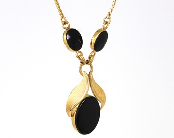 Van Dell Necklace - Vintage 12k Gold Filled Genuine Black Onyx Gemstones - Retro Circa 1960s Nature Leaf Fashion Accessory Lavalier Jewelry