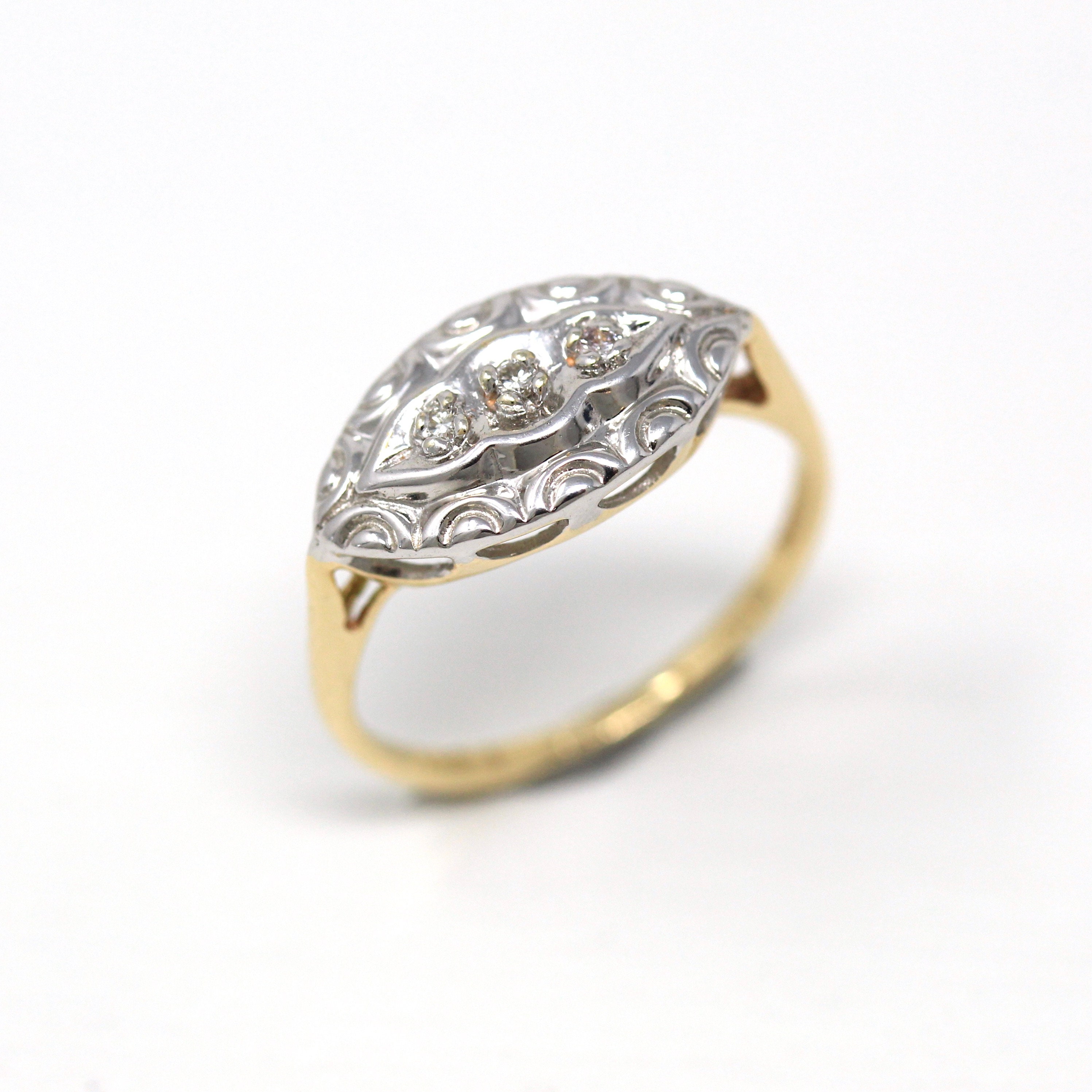 Vintage Princess Ring Retro 10k Yellow White Gold Genuine Diamonds .018 CTW Gem Circa 1940s Era Size 5 Anniversary Promise 40s Jewelry Etsy
