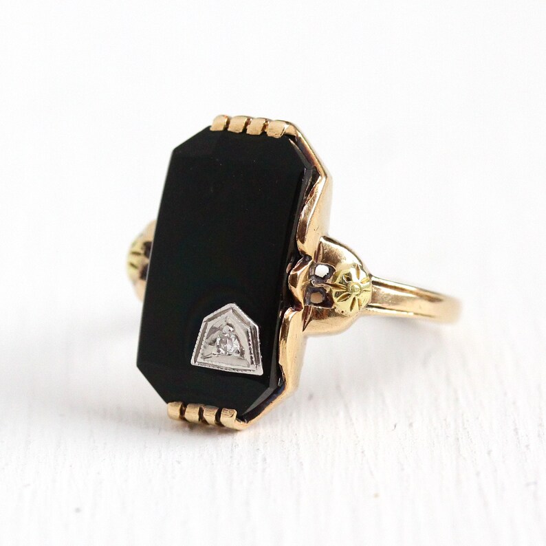 1940s Size 4 34 Rectangular Flower Fine Jewelry Sale Vintage Onyx Ring 10k Rosy Yellow Gold Diamond Black Gemstone Statement
